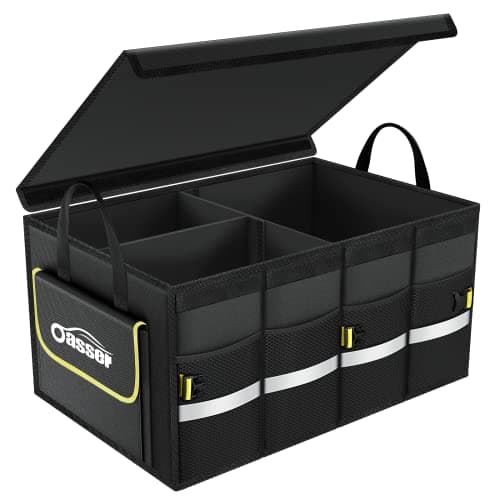 Organisateur de coffre de voiture Oasser pour SUV, organisateur de rangement de coffre de voiture boîte de rangement de chargement pliable à plusieurs compartiments avec couvercle pliable, réfléchissant...