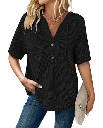 WNEEDU Womens Black Waffle Knit Hoodies 2026 Summer Casual Short Sleeve Tops Loose Drawstring V Neck Button Shirts Black XL