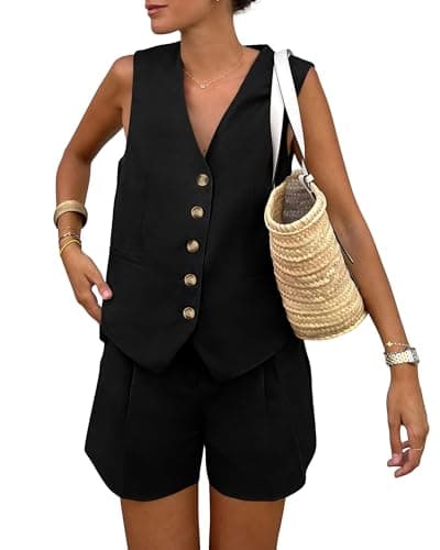 PRETTYGARDEN Women's 2 Piece Summer Matching Sets Button Front V Neck Vest Waistcoat Sleeveless Tops And Shorts With Pockets (Black,Medium)