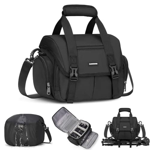 RAINSMORE Sac pour Appareil Photo Professionnel Étui pour Appareil Photo Petit Sac à Bandoulière DSLR/SLR/Sac à Bandoulière sans Miroir avec Housse de Pluie imperméable Noir