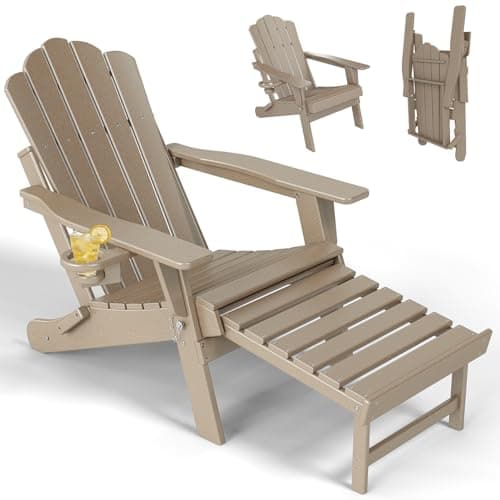 SOINMTY Adirondack Chair with Retractable Ottoman, Folding Adirondack Chair with Cup Holder, All Weather Outdoor Fire Pit Chair for Porch, Patio,...