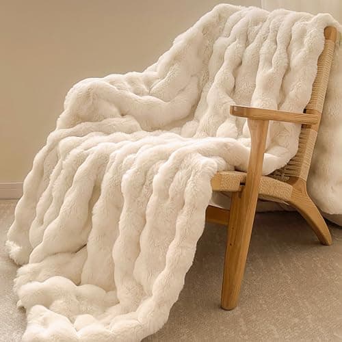 Couverture à bulles en fausse fourrure de lapin, couverture de luxe à bulles douce et chaude pour lit, canapé, Beige, 50 "X 60"
