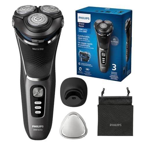 Philips Shaver 3000 Series, rasoir électrique humide et sec, technologie SkinProtect, tondeuse pop-up, capuchon P, pochette de voyage, support de charge, noir foncé,...