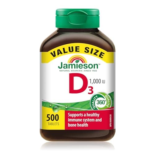 Jamieson Vitamine D3 1 000 UI, comprimés, soutient la santé immunitaire, des os et des dents solides, améliore l'absorption du calcium et du phosphore. Végétarien,...