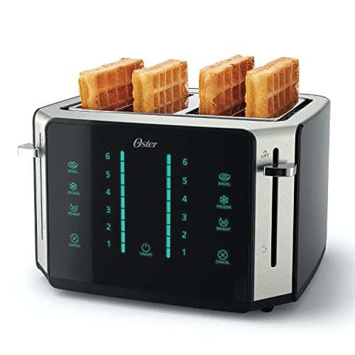 Oster Grille-pain 4 tranches, écran tactile avec 6 réglages de teinte et minuterie numérique, noir/acier inoxydable
