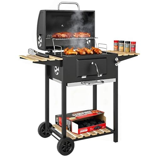 Outsunny Outdoor Charcoal BBQ Grill, Portable Barbecue Grill with Adjustable Charcoal Pan, Spacious Cooking Area, 3 Shelves, Thermometer, Wheels...