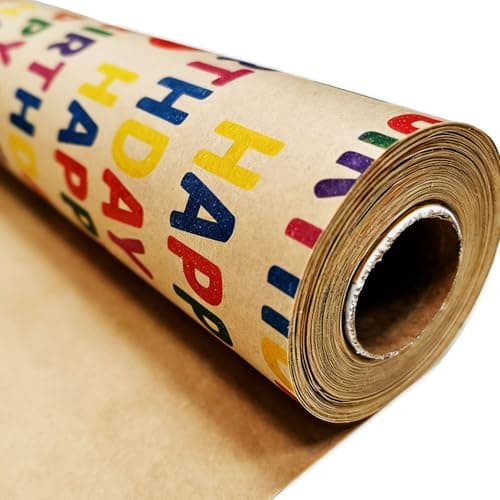 Papier d'emballage d'anniversaire, rouleau de papier d'emballage Kraft, ballon ColorfulText "Joyeux anniversaire" et papier d'emballage cadeau vintage pour...