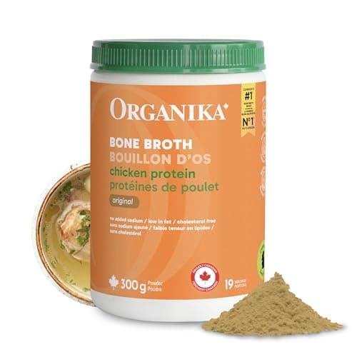 Organika Canadian-Made Chicken Bone Broth Powder-15g Protein Per Serving, Low-Sodium, Mineral-Rich, Convenient Powder Format, Easily Add to...