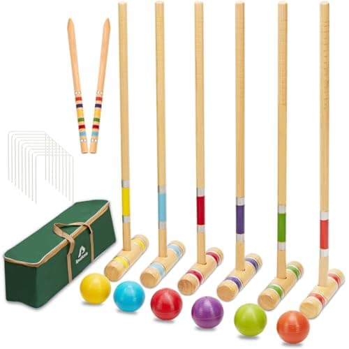 ApudArmis Ensemble de croquet à six joueurs avec maillets en bois de pin de qualité supérieure de luxe, balle colorée, guichets, piquets - Ensemble de jeu de pelouse pour...