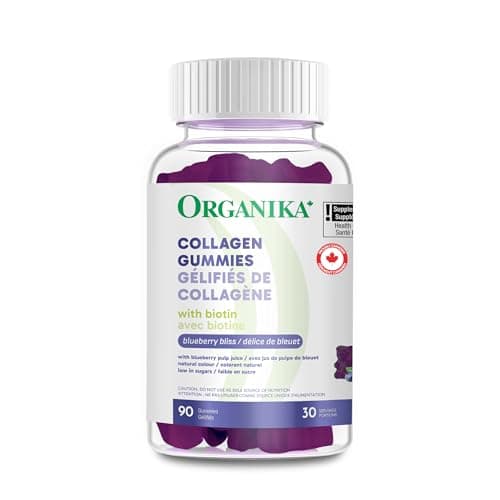 Organika Collagen Gummies - Saveur Myrtille - 2500 mg de collagène par portion plus biotine pour une meilleure santé de la peau, des cheveux et des articulations Élevé au pâturage...