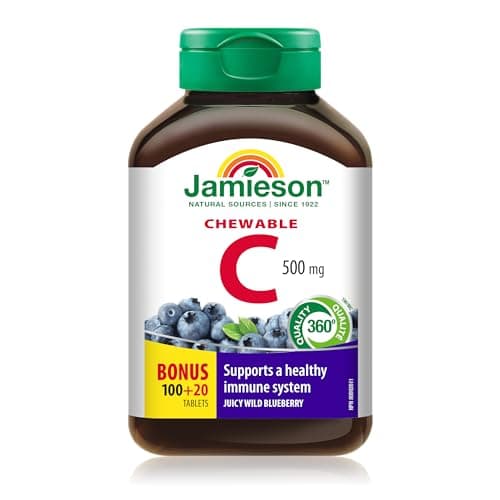 Vitamine C à croquer Jamieson 500 mg Saveur juteuse de myrtille sauvage, soutient la santé immunitaire, des dents et des os solides. Familial (4+), Végétarien,...