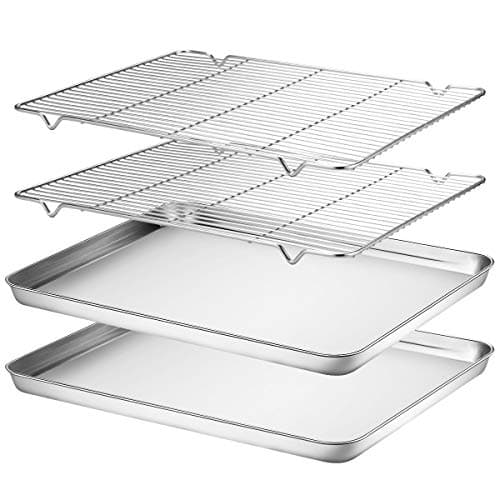 Wildone Ensemble de pâtisserie en acier inoxydable [2 feuilles + 2 grilles], taille 40,6 x 30,5 x 2,5 cm, non toxique, robuste et facile à nettoyer