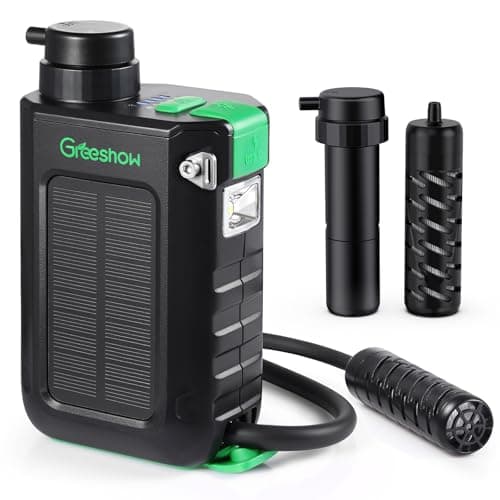 Filtre à eau portable électrique Greeshow avec filtre réutilisable de 0,01 micron pour le camping, la randonnée, la survie avec banque d'alimentation portable de 3000 mAh, support...