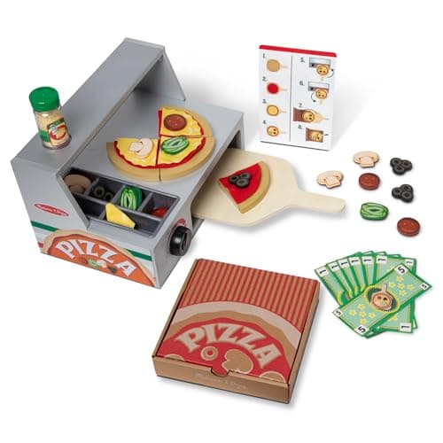 Melissa & Doug Top & Bake Ensemble de jeu de comptoir à pizza en bois avec nourriture de jeu (41 pièces) Jouet préscolaire - Certifié FSCPizza, ensemble de nourriture en bois, ensembles de simulation...