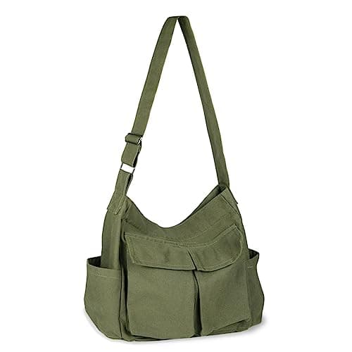 Sac messager en toile, sac messager multi-poches esthétique pour les voyages scolaires, grand sac fourre-tout à bandoulière pour femmes et hommes