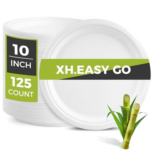 XH.Easy Go 10 Inch Paper Plates 100% Compostable Plates Heavy-Duty Disposable Plates Bulk [125 Pack], Made of Natural Sugarcane Fibers,...