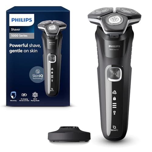 Philips Shaver Series 5000, rasoir électrique humide et sec, avec technologie SkinIQ, tondeuse pop-up, support de charge, noir profond, modèle S5898/25