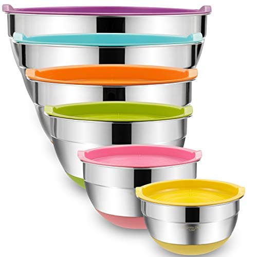 Bols à mélanger Umite Chef avec couvercles hermétiques, bols en métal en acier inoxydable 6 pièces, marques de mesure et fonds antidérapants colorés tailles 7, 3,5, 2,5,...