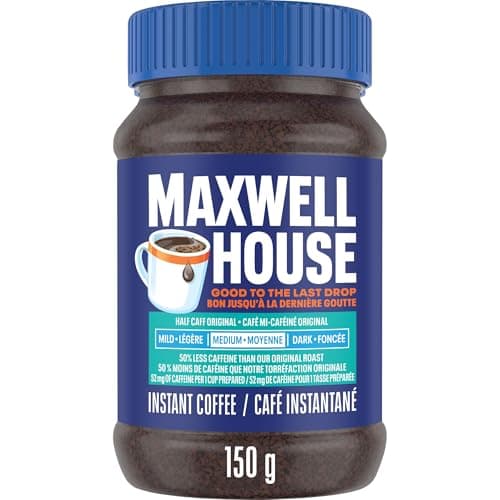 Maxwell House Half Caff Original Café instantané à torréfaction moyenne, pot de 150 g