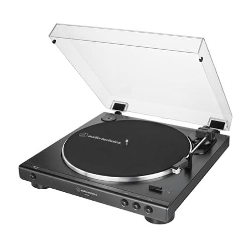 Audio-Technica AT-LP60X-BK Platine vinyle stéréo entièrement automatique à entraînement par courroie, noir, Hi-Fi, 2 vitesses, cache-poussière, anti-résonance, plateau en aluminium moulé sous pression