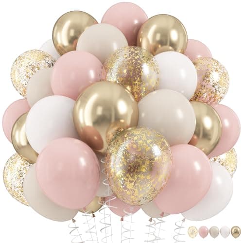 Dusty Pink and Gold Balloons Set, 60Pcs 12 Inch Retro Blush Pink White Sand Beige Metallic Gold Latex Balloon with Gold Confetti Boho Balloon for...
