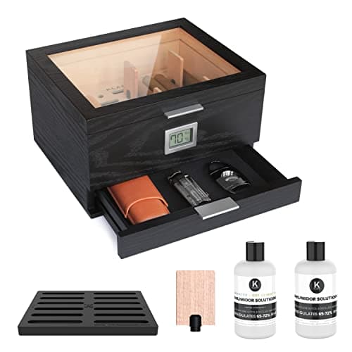 Mill Glass Top Humidor Matte Black Wood Grain, Front Digital Hygrometer, Spanish Cedar, Humidor Solution, Hydro System, and Accessory Drawer -...