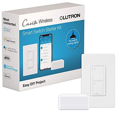 Kit d'interrupteur d'éclairage intelligent d'origine Lutron Caseta avec plaque murale et hub intelligent, compatible avec Alexa, Apple Home, Google Home, unipolaire/3 voies, 5 ampères,...