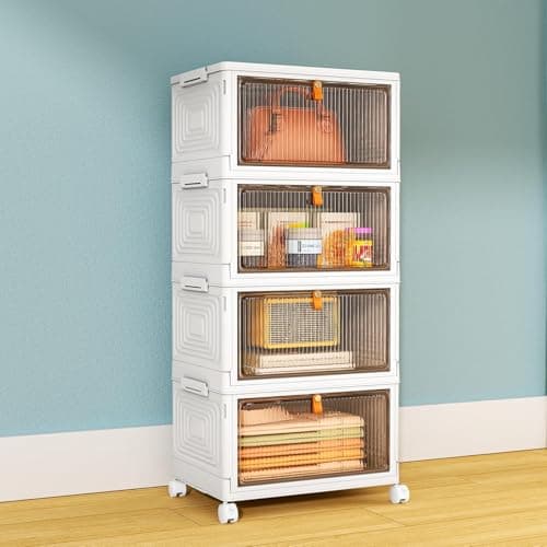 7 code 4 Tier Stackable Storage Bins with Lid, 23QT Storage Cabinet with Wheels, Foldable Storage Box, Closet Organizers and Storage, Plastic...