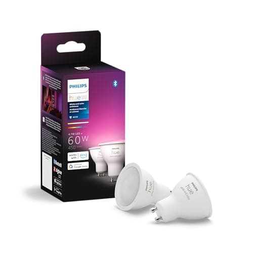 Ampoule LED Philips Hue Smart 60W GU10 - Lumière à changement de couleur d'ambiance blanche et colorée - Paquet de 2 - 450LM - Intérieur - Contrôle avec l'application Hue - Fonctionne avec...