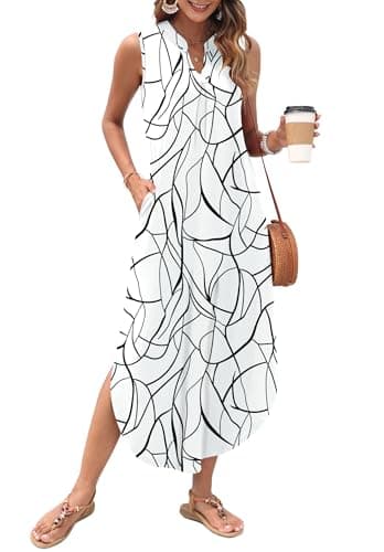 WNEEDU Robe d'été maxi décontractée pour femme - Robe de plage ample - Col en V - Sans manches avec poches - Ligne blanche et noire L
