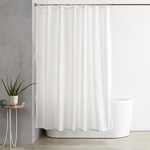 Amazon Basics Water Resistant Fabric Shower Curtain with Grommets and Hooks, Machine Washable, 183cm x 183cm, White