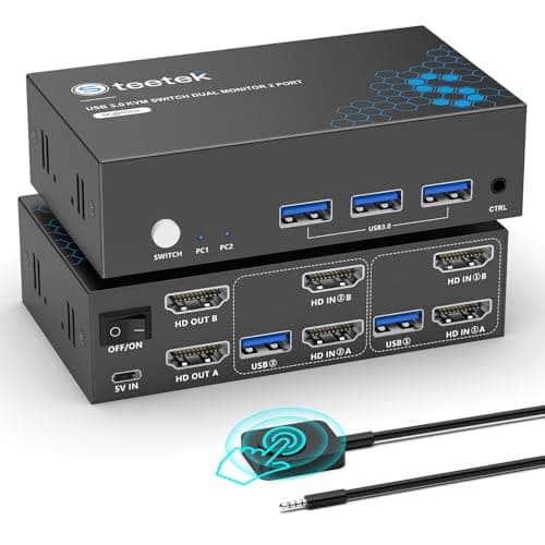 Commutateur KVM HDMI 2 moniteurs 2 ordinateurs, commutateurs KVM USB 3.0,4K @ 60 Hz Partage de deux moniteurs, clavier, souris et imprimante entre 2 ordinateurs, avec...
