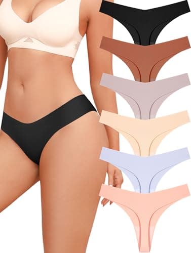 ALL OF SHE Women's Underwear Seamless Thongs No Show V-Waisted Breathable Thong Tangas Sexy Panties Underwear 6 Pack