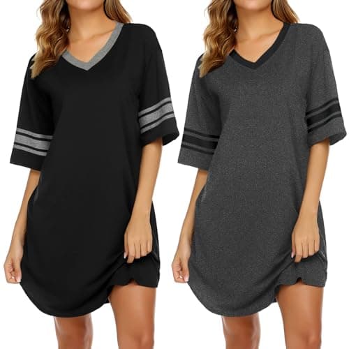 Ekouaer Chemises de Nuit pour Femmes Lot de 2 Chemises de Nuit Chemise de Nuit à Manches Courtes Col en V Vêtements de Nuit Robe de Pyjama décontractée, Noir/Gris foncé, L