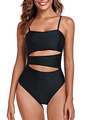 RELLECIGA Women's Black Geometric Cutout Bathing Suits Adjustable Straps Bandeau One Piece Swimsuit for Women Size Medium