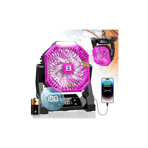Ventilateur de camping portable 30 000 mAh, ventilateur de tente USB rechargeable avec lumière LED et crochets, batterie turbo personnelle pour table de voyage, équipement de camping (rose, 30 000 mAh)