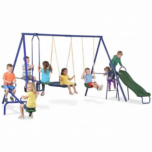 Outsunny 5 in 1 Metal Swing Set with Saucer Swing, Slide, Seesaw, Glider, Swing Seat, Ladder, Kids Swing Set for Backyard, Outdoor, Playground,...