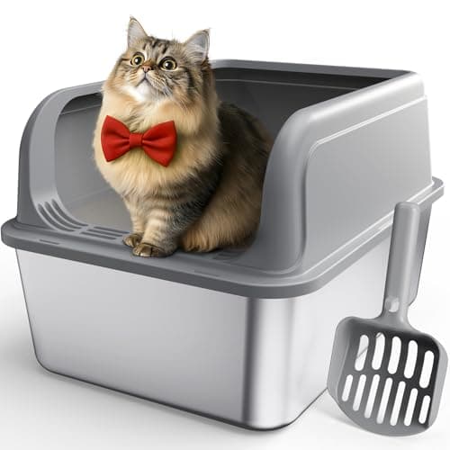 Powools Stainless Steel Cat Litter Box for Kittens, Metal Kitty Litter Box with Scoop, Anti-Leakage Top Entry, Non-Sticky, Easy to Clean, Grey, M...