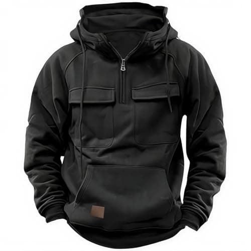 Hello MrLin Black Hoodie for Men Tactical Sweatshirt Quarter Zip Cargo Pullover Hoodies Workout Men Fashion Outdoor Hoodie