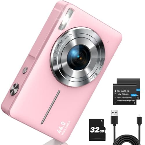 CAMKORY Appareil photo numérique Full HD 1080p Point and Shoot, appareil photo pour enfants 44 MP avec carte 32 Go, zoom 16X, rose