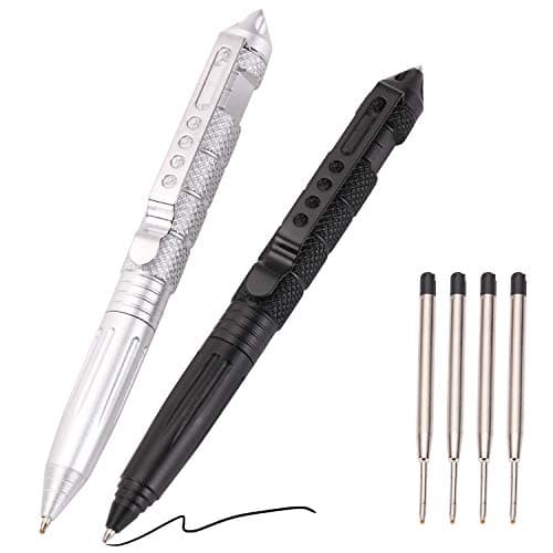 Lot de 2 stylos tactiques militaires avec 6 recharges à bille noires pour écrire, en acier tungstène et aluminium (noir et argent)