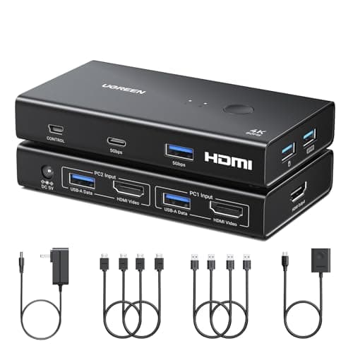 Commutateur KVM HDMI UGREEN 4K @ 60 Hz 1 moniteur 2 ordinateurs, commutateurs KVM avec 4 ports USB 3.0 pour imprimante clavier souris, adaptateur secteur, contrôleur, HDMI...