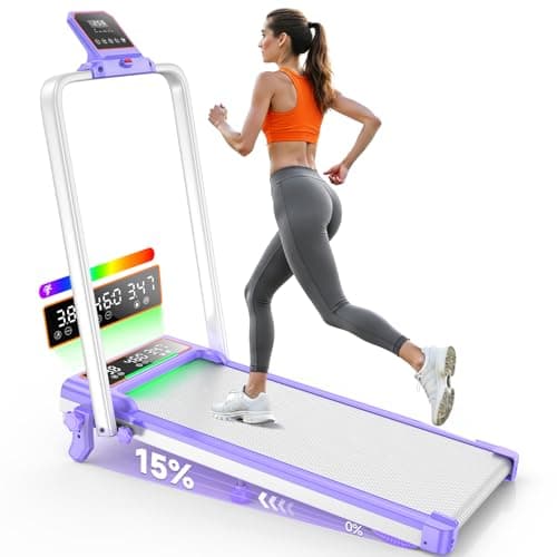 Tapis roulant de marche avec inclinaison de 15 %/lumière RVB/affichage double écran, tapis roulants de 3,5 CV pour la maison, tapis de marche portable avec barre de poignée et 4...