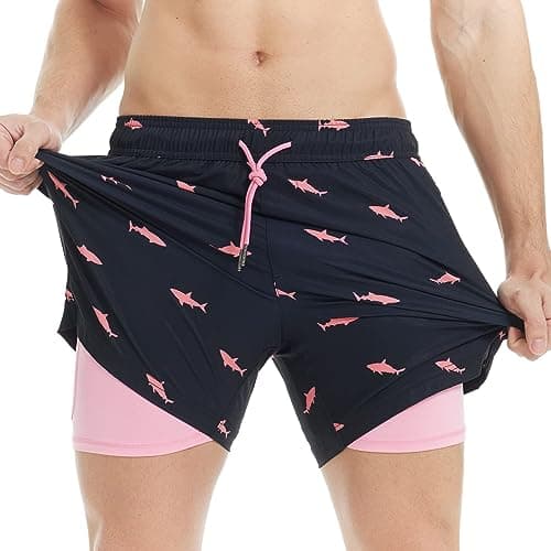 MaaMgic Maillot de bain 2 en 1 pour homme avec doublure de compression - Extensible 14 cm - Séchage rapide - Requin noir - Taille L