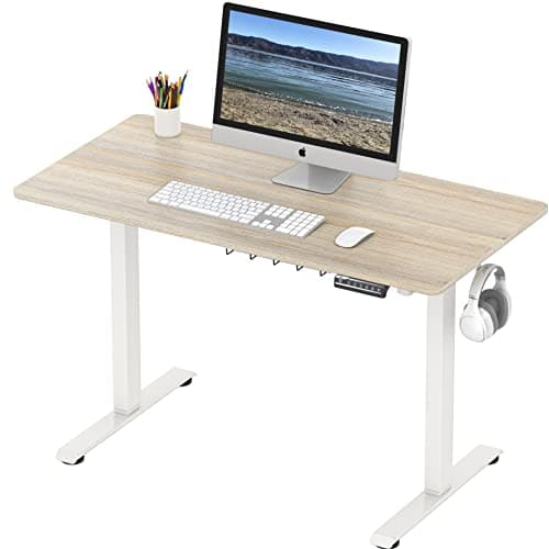 SHW 48-Inch Electric Height Adjustable Sit to Stand Desk with Hanging Hooks and Cable Management, 122 x 60 cm, Maple