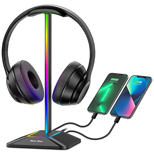 New bee RGB Headphone Stand with 1 USB Charging Port & 1 USB-C Charging Port Desk Gaming Headset Stand with 7 Light Mode Headphones Holder for PC...