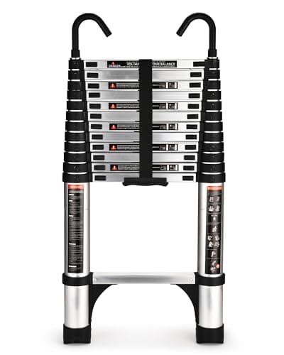 Soctone Telescoping Ladder, 12.5 FT Extension Ladder with 2 Detachable Hooks, Aluminum Lightweight Collapsible Ladder for RV, Household and Outdoor...