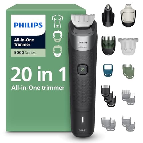Philips Tondeuse tout-en-un 20 pièces série 5000 - Rasoir et tondeuse pour le visage, les cheveux et le corps, lames entièrement métalliques auto-affûtées, 12 réglages de longueur...