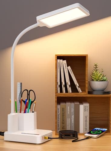 Lampe de bureau, lampes de bureau LED pour bureau à domicile avec 2 ports de charge/prise/organisateur USB, lampe de bureau pour lampe d'étude pour le soin des yeux dans un dortoir universitaire, col de cygne...