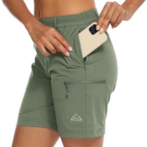 JHMORP Short de randonnée pour femme, extensible, séchage rapide, taille élastique, short d'été décontracté avec poches (vert armée clair, CA M)